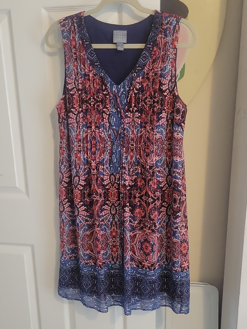 Rabbit Rabbit Rabbit Sz12 Navy Coral Sleeveless VNeck Boho Lined Dress Front Tie